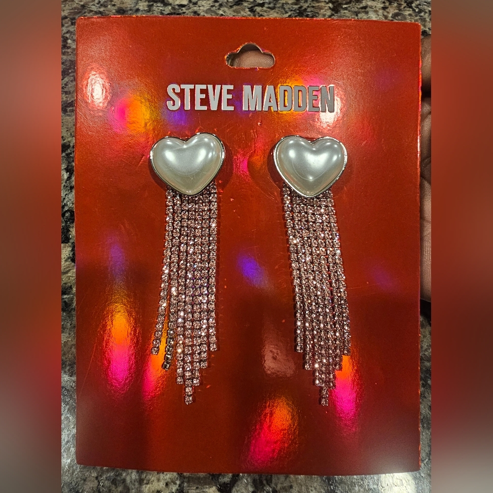 Steve Madden Pearl Heart Pink Rhinestone Drop Earrings